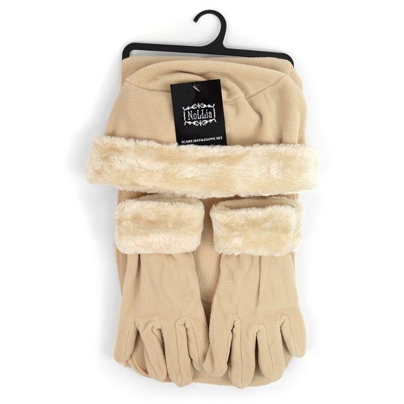 Womens BEIGE Winter FLEECE & FAUX FUR Hat Scarf Gloves - Picture 1 of 3